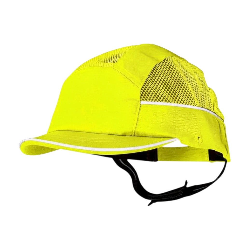 Gorra de seguridad GERF SAFETY amarilla fluorescente con ventilación, visera de 3 cm y bandas reflectantes.
