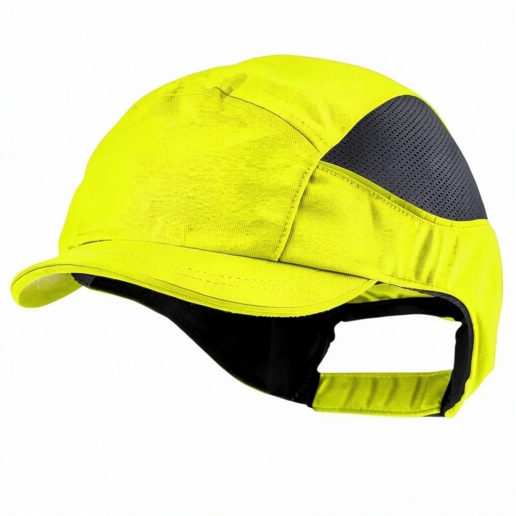 Gorra de seguridad GERF SAFETY amarilla con visera corta de 3 cm, paneles de malla transpirable y carcasa protectora.