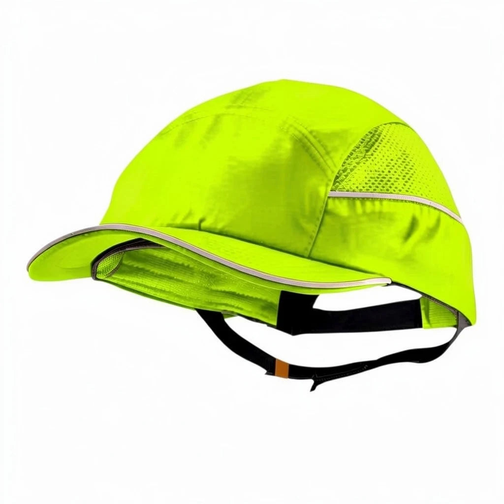 Gorra de seguridad GERF SAFETY tipo bump cap en color amarillo neón con bandas reflectantes y ventilación lateral.