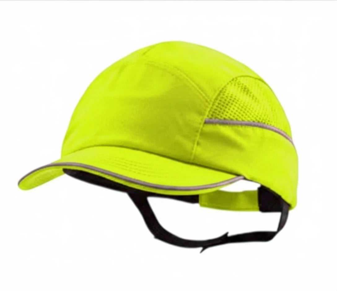 Gorra de seguridad GERF SAFETY color amarillo neón con bandas reflectantes, visera de 5 cm y carcasa protectora ABS.