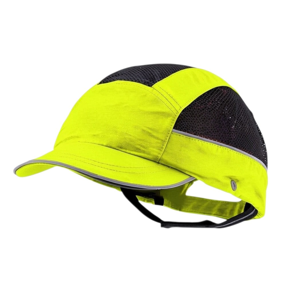 Gorra de seguridad GERF SAFETY amarilla con visera de 5 cm, bandas reflectantes y zonas de ventilación de malla negra.