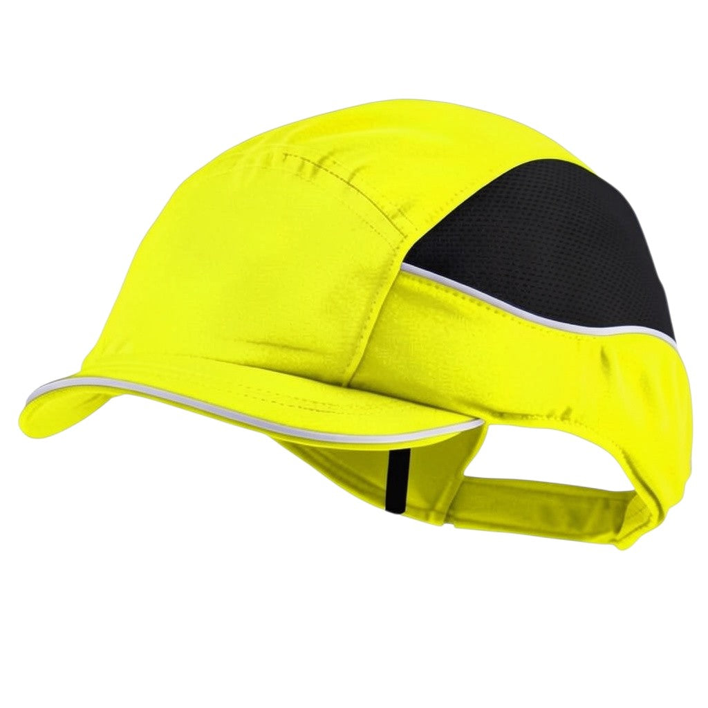 Gorra de seguridad GERF SAFETY Bump Cap Air+ amarilla con visera corta, bandas reflectantes y paneles de ventilación.