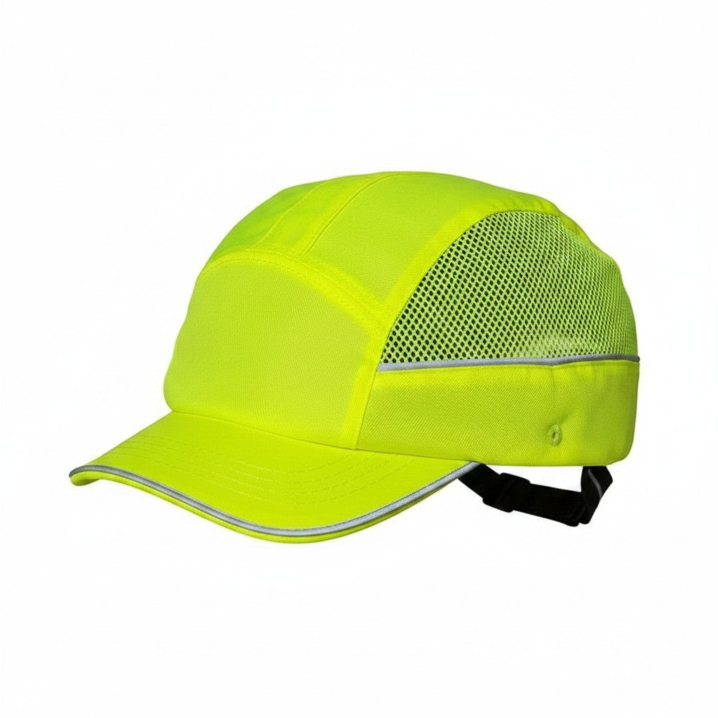 Gorra de seguridad GERF SAFETY amarilla fluorescente con bandas reflectantes, visera de 5 cm y ventilación lateral.