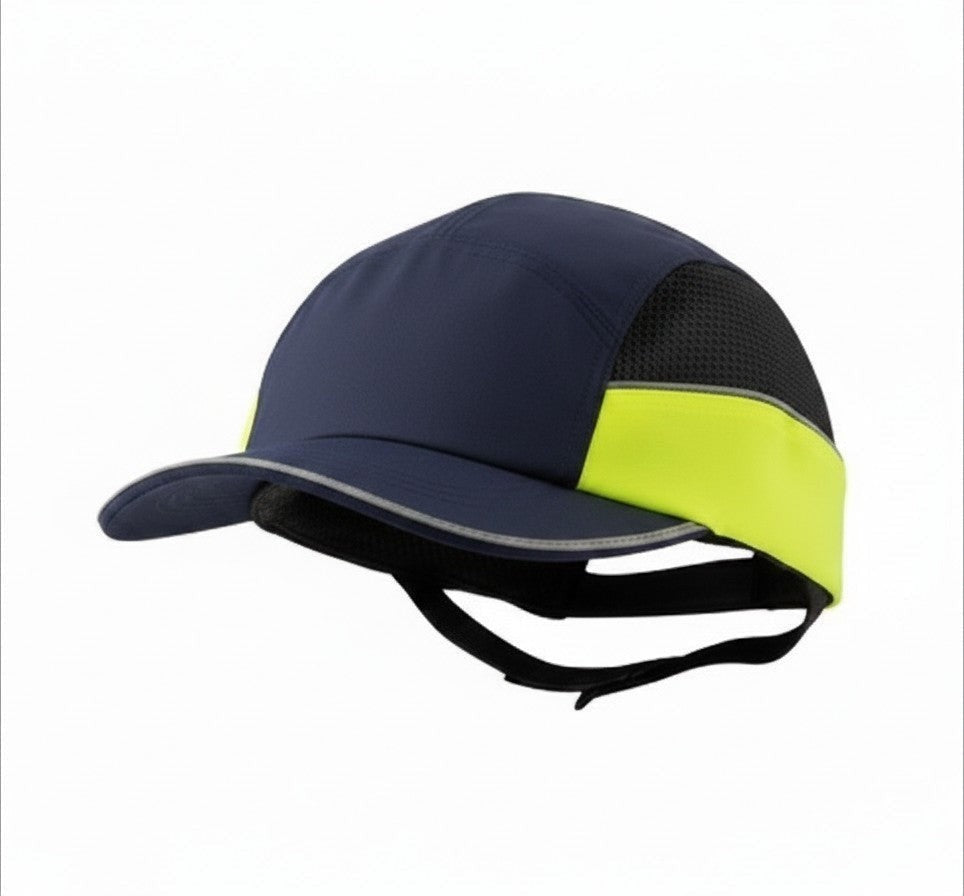 Gorra de seguridad GERF SAFETY azul y amarilla con visera, carcasa ABS protectora y bandas reflectantes.