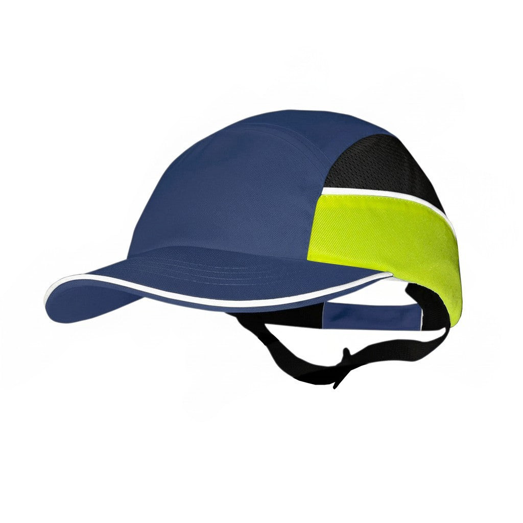 Gorra de seguridad GERF SAFETY azul con detalles en amarillo fluorescente, visera y carcasa protectora ajustable.