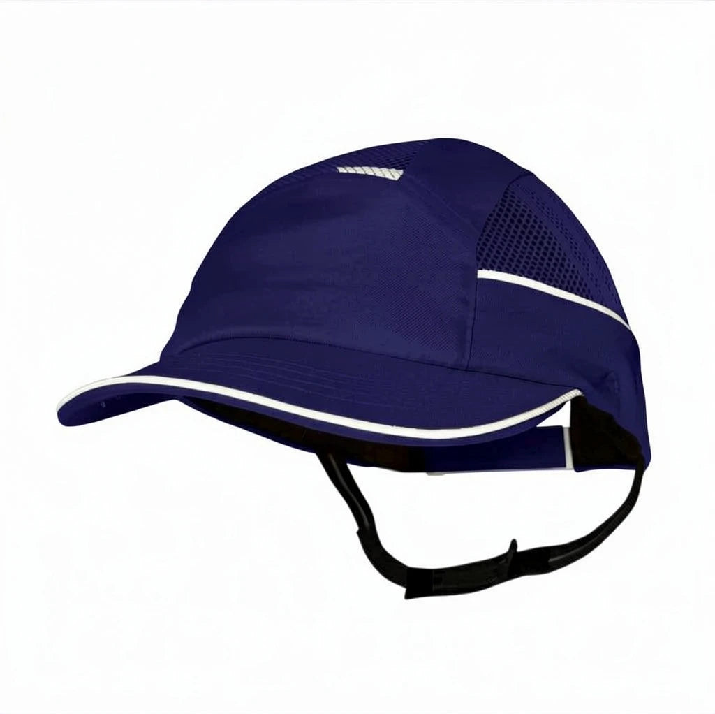 Gorra de seguridad GERF SAFETY azul marino con visera de 5 cm, ventilación lateral y bandas reflectantes para industria.