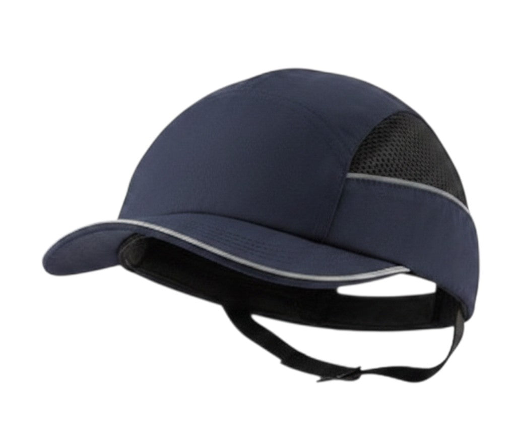 Gorra de seguridad GERF SAFETY azul marino con carcasa ABS extraíble, bandas reflectantes y paneles de malla laterales.