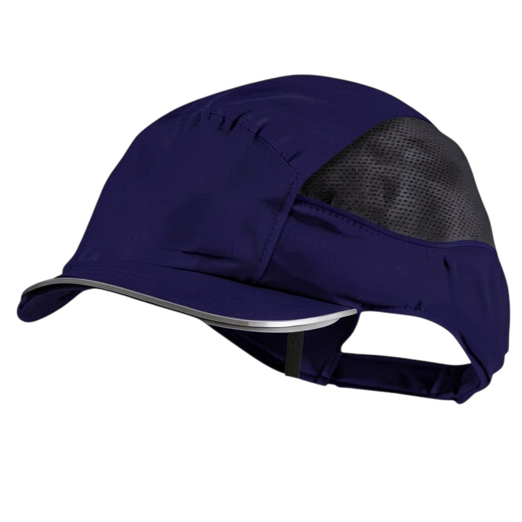 Gorra de seguridad GERF SAFETY Bump Cap Air+ azul marino con visera corta de 3 cm, bandas reflectantes y malla ventilada.