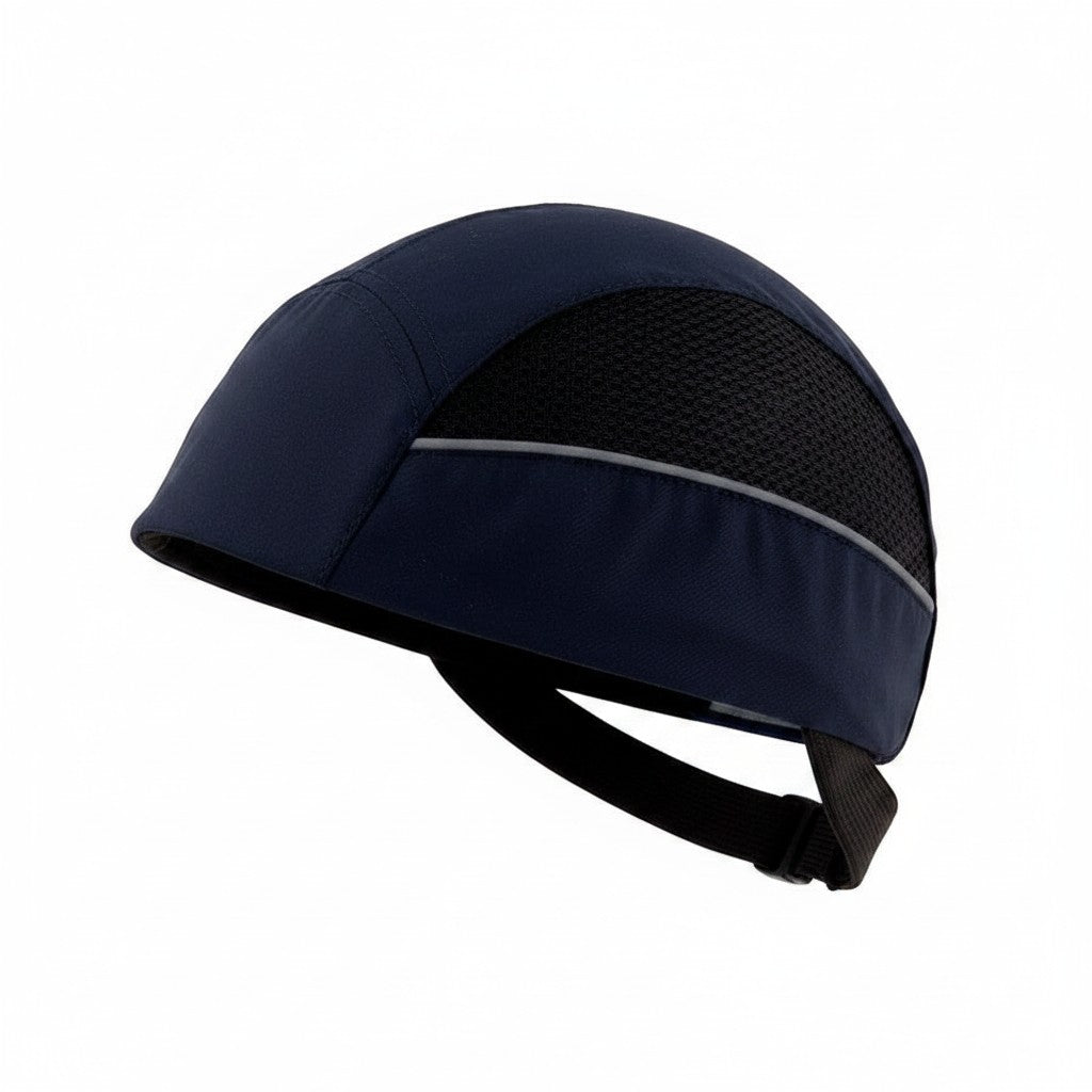 Gorra de seguridad GERF SAFETY azul marino sin visera con carcasa protectora, ventilación y bandas reflectantes.