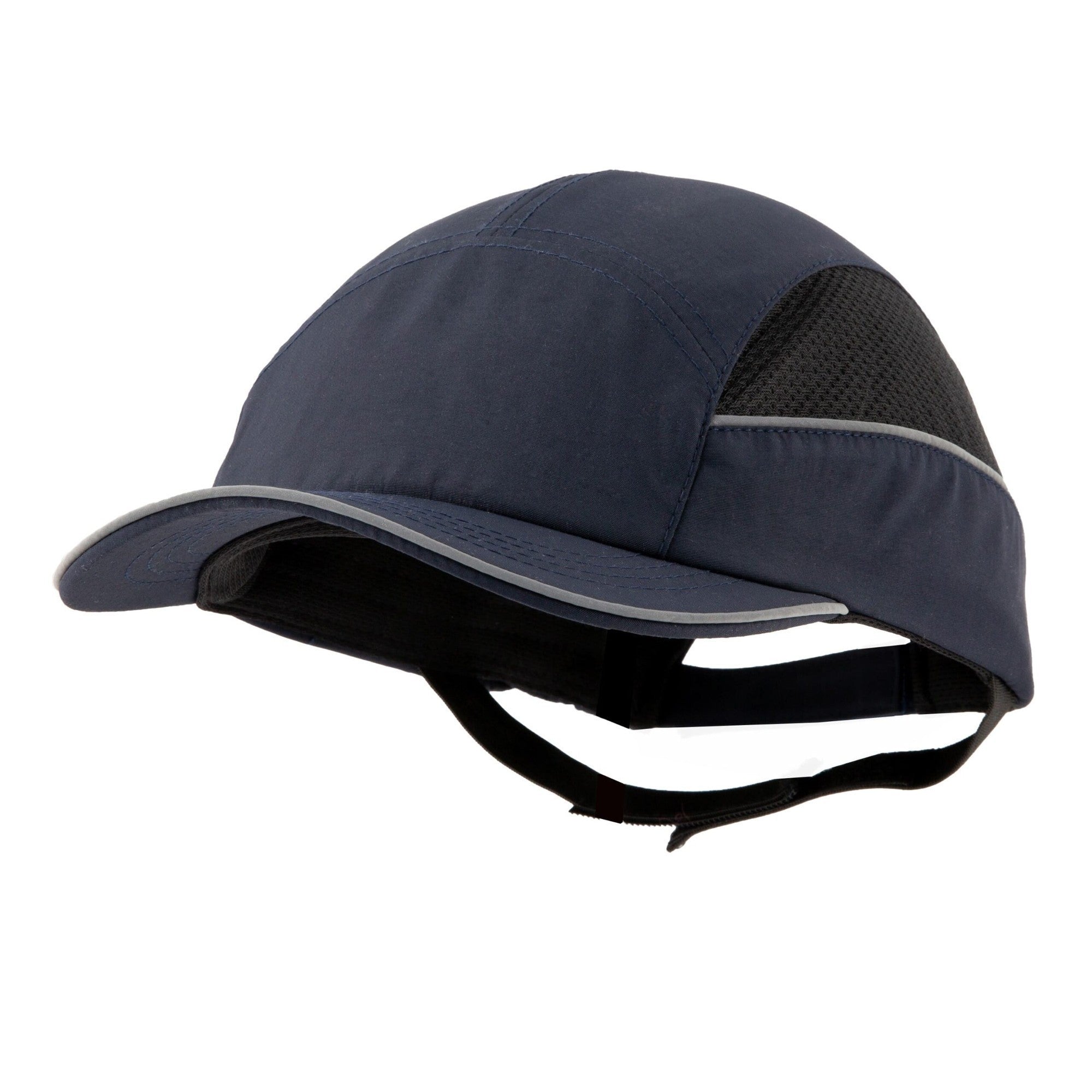 Gorra de seguridad GERF SAFETY azul marino con visera de 7 cm, carcasa ABS extraíble y bandas reflectantes laterales.