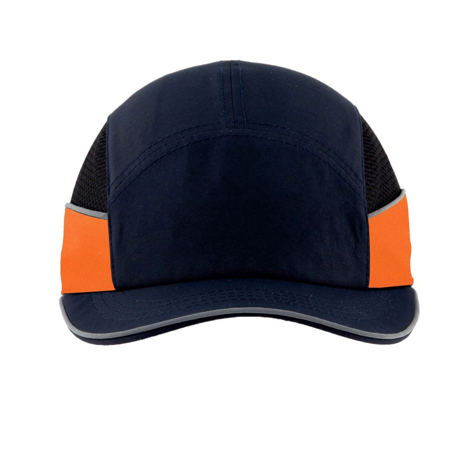 Gorra de seguridad GERF SAFETY azul marino y naranja con bandas reflectantes y carcasa protectora extraíble.
