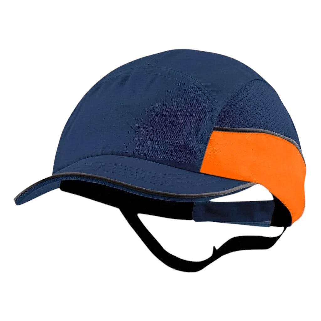 Gorra de seguridad GERF SAFETY azul y naranja con carcasa protectora, visera de 5 cm y detalles reflectantes.