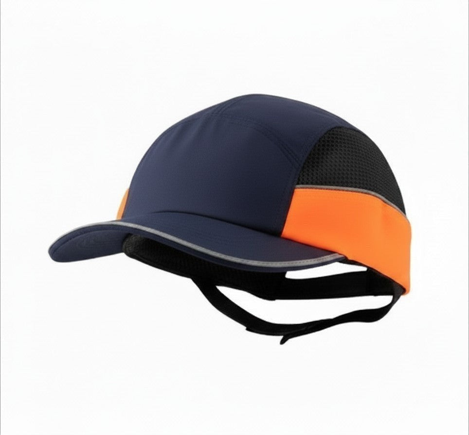 Gorra de seguridad GERF SAFETY All season azul y naranja con visera, carcasa ABS y bandas reflectantes.