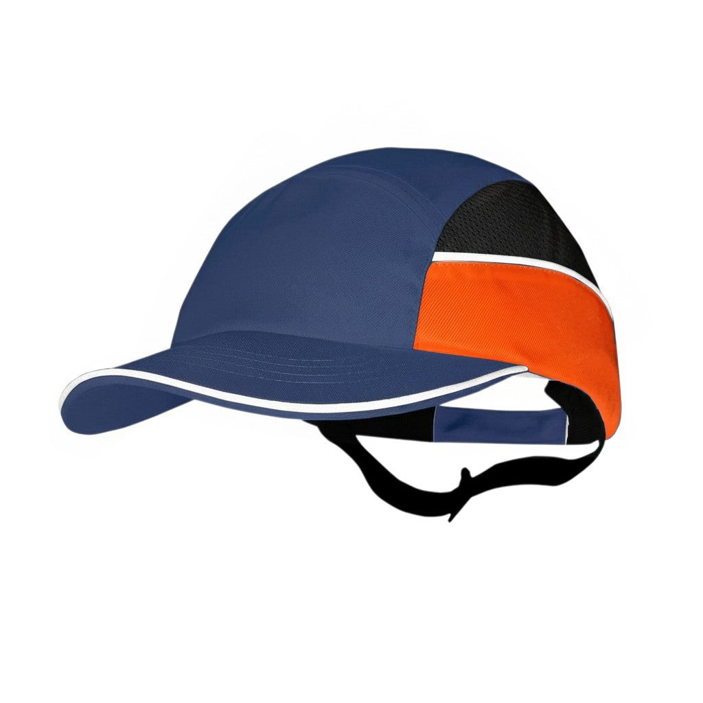 Gorra de seguridad GERF SAFETY con carcasa protectora, diseño azul y naranja de alta visibilidad con bandas