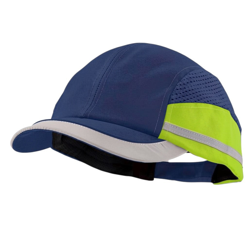 Gorra de seguridad GERF SAFETY azul con detalles en amarillo fluorescente, bandas reflectantes y visera protectora.
