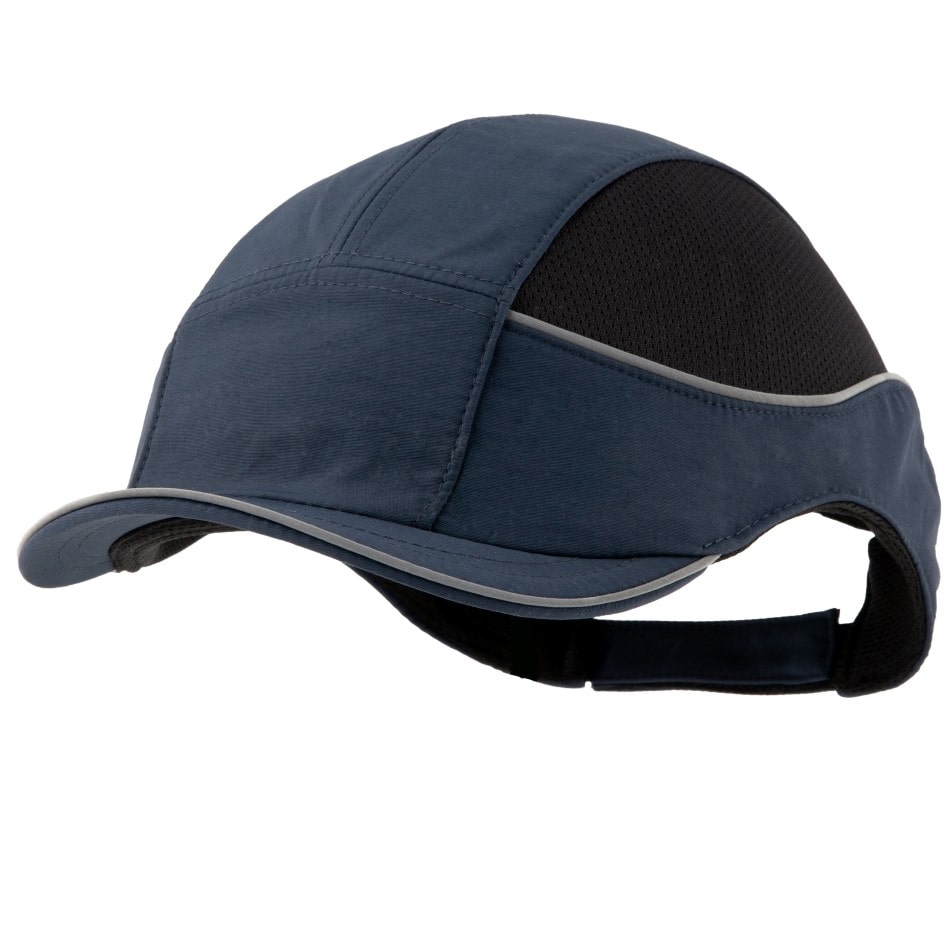Gorra de seguridad GERF SAFETY Bump Cap Air+ azul marino con visera corta, bandas reflectantes y malla transpirable.