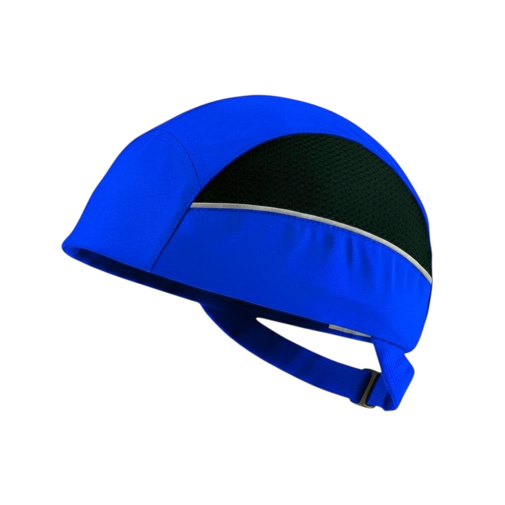Gorra de seguridad GERF SAFETY azul sin visera con carcasa protectora, bandas reflectantes y ventilación lateral.