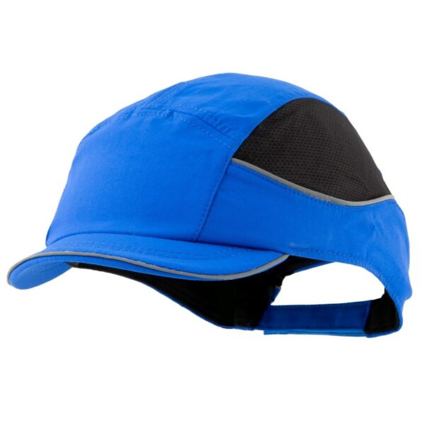 Gorra de seguridad GERF SAFETY Bump Cap Air+ azul con visera corta, bandas reflectantes y paneles laterales ventilados
