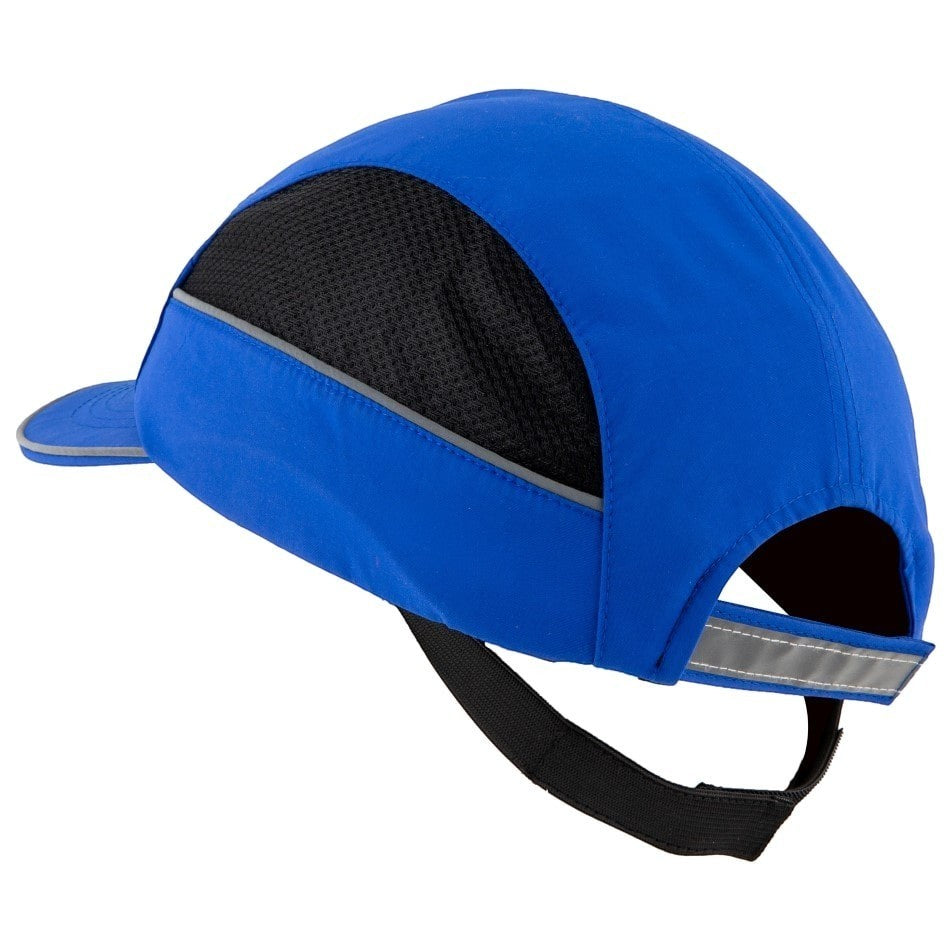 Gorra de seguridad GERF SAFETY azul real con ventilación, visera de 5 cm y bandas reflectantes para protección laboral.