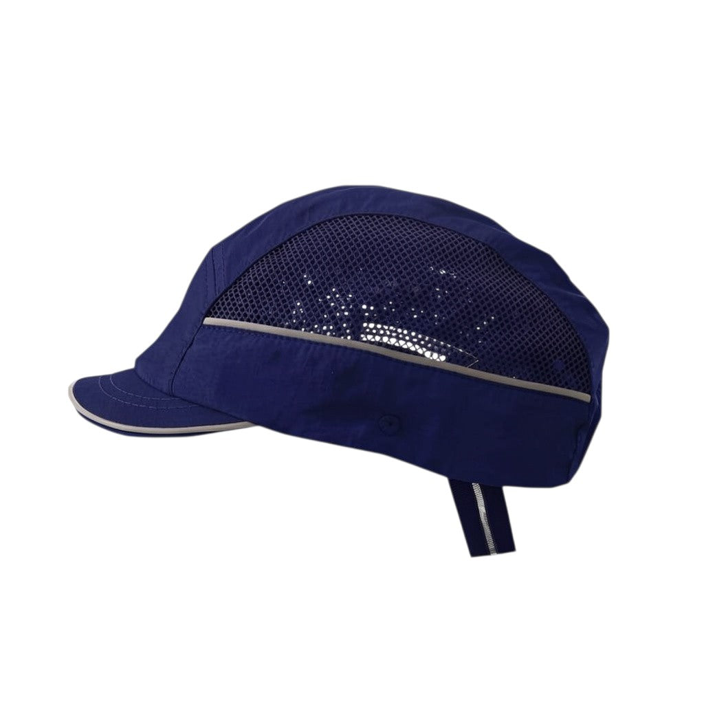 Gorra de seguridad GERF SAFETY azul con visera corta, malla de hiperventilación y bandas reflectantes para alta visibilidad