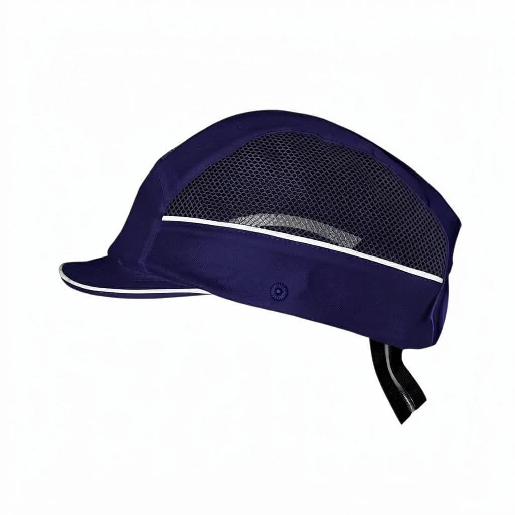 Gorra de seguridad GERF SAFETY azul marino con visera corta, malla de ventilación y banda reflectante para alta visibilidad.