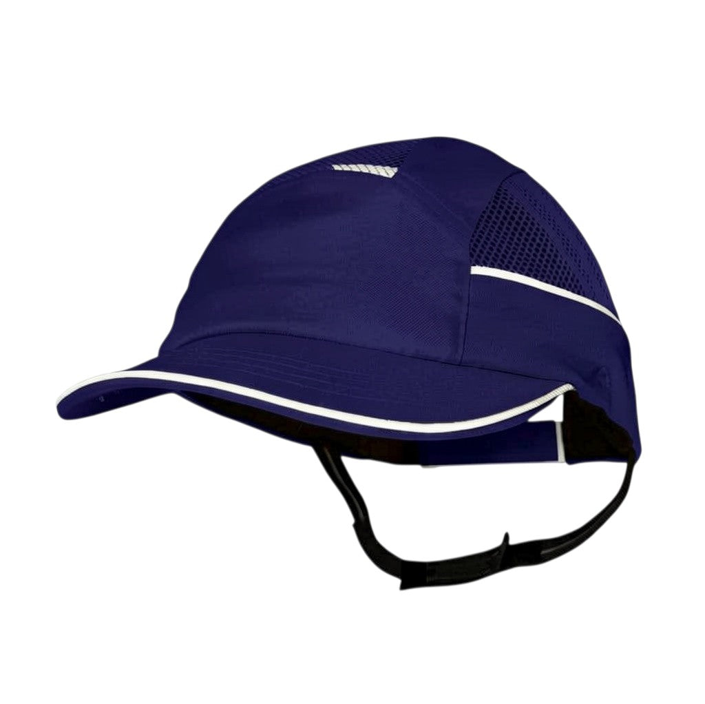 Gorra de seguridad GERF SAFETY azul marino con visera de 5 cm, bandas reflectantes y paneles laterales ventilados.