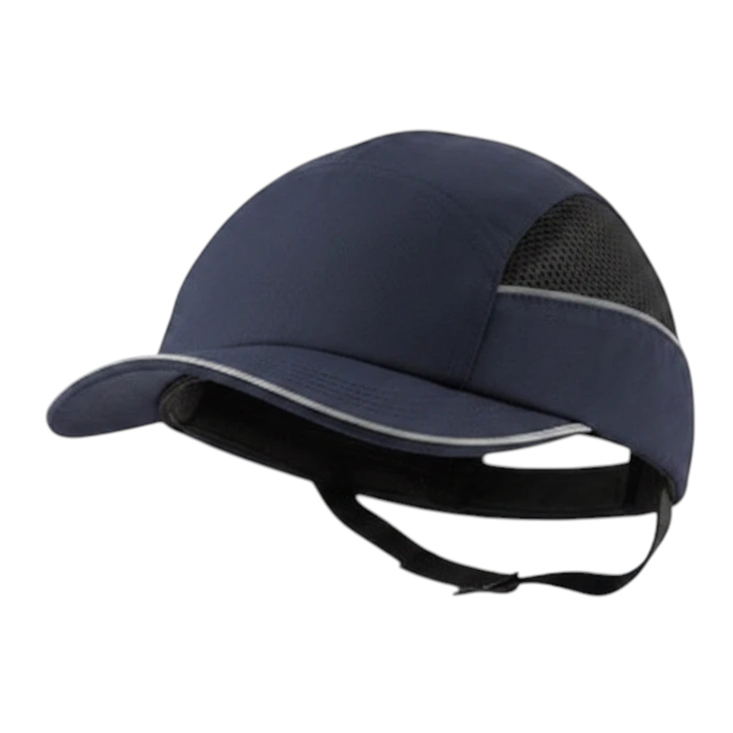 Gorra de seguridad GERF SAFETY azul marino con visera de 5 cm, bandas reflectantes y carcasa protectora desmontable.