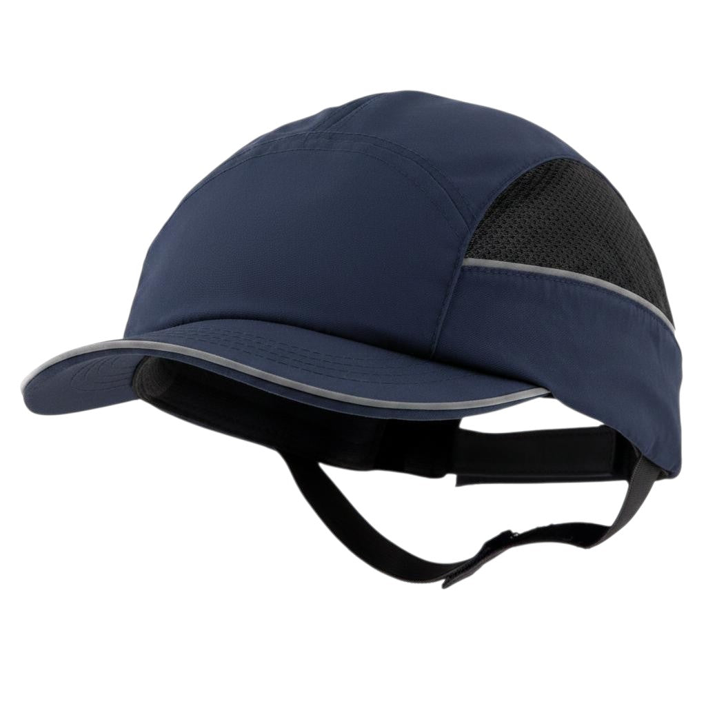 Gorra de seguridad GERF SAFETY azul real con carcasa ABS, visera de 5 cm, bandas reflectantes y ventilación lateral.
