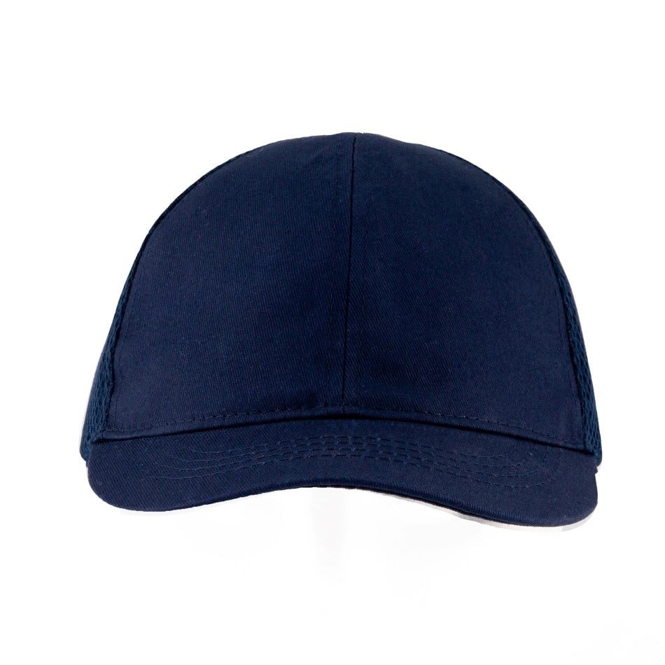 Gorra de seguridad GERF SAFETY azul marino con carcasa ABS, visera de 5 cm, banda antisudor y panel trasero de malla.