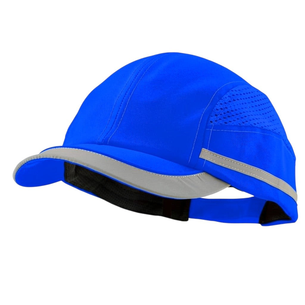 Gorra de seguridad GERF SAFETY azul con bandas reflectantes, visera de 5 cm y carcasa protectora extraíble.