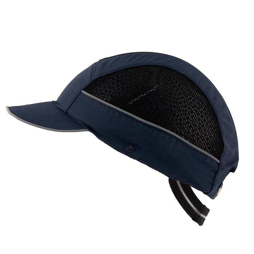 Gorra de seguridad GERF SAFETY azul marino con visera de 5 cm, paneles de malla hiperventilados y bandas reflectantes.