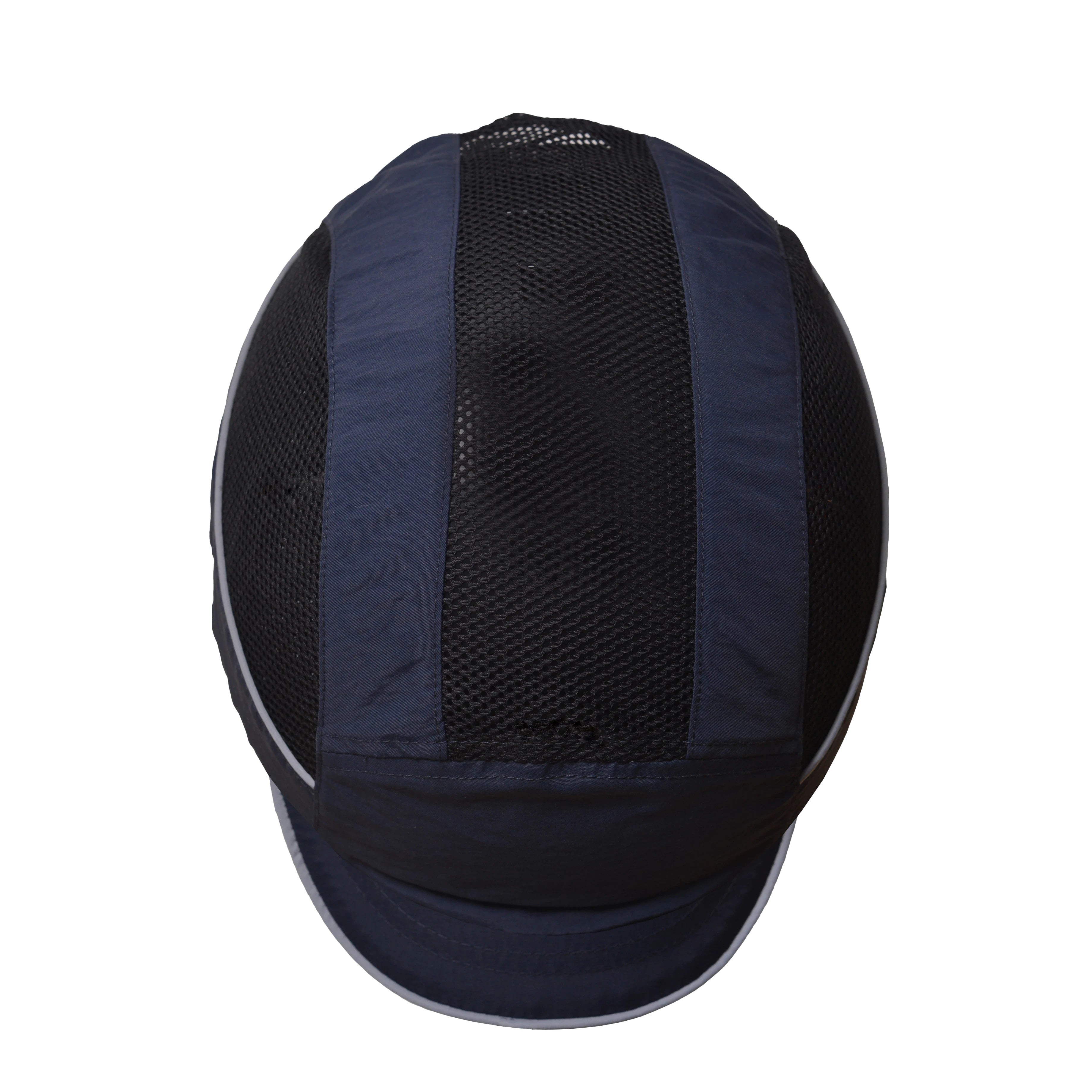 Gorra de seguridad GERF SAFETY azul marino con paneles de malla ventilada y bandas reflectantes, vista superior.