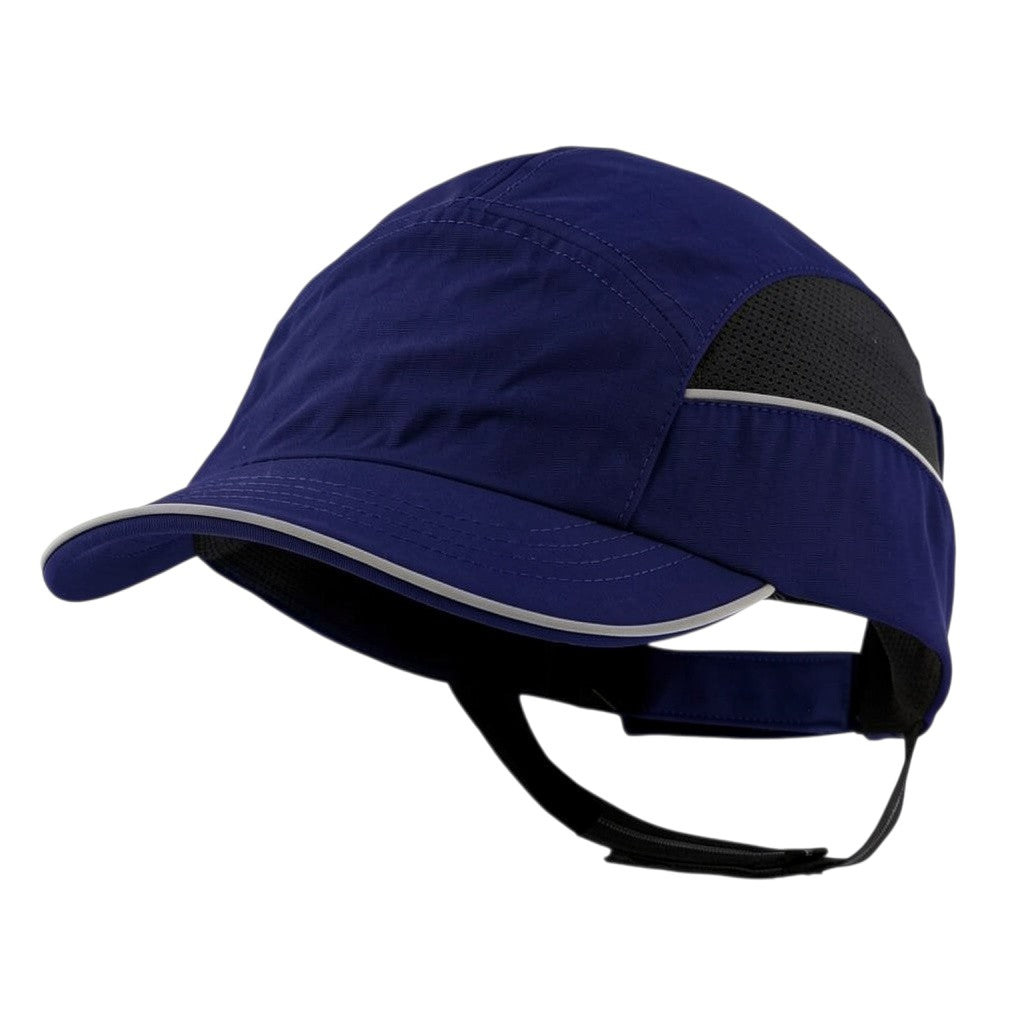 Gorra de seguridad GERF SAFETY azul con carcasa ABS extraíble, bandas reflectantes y ventilación lateral para trabajo.