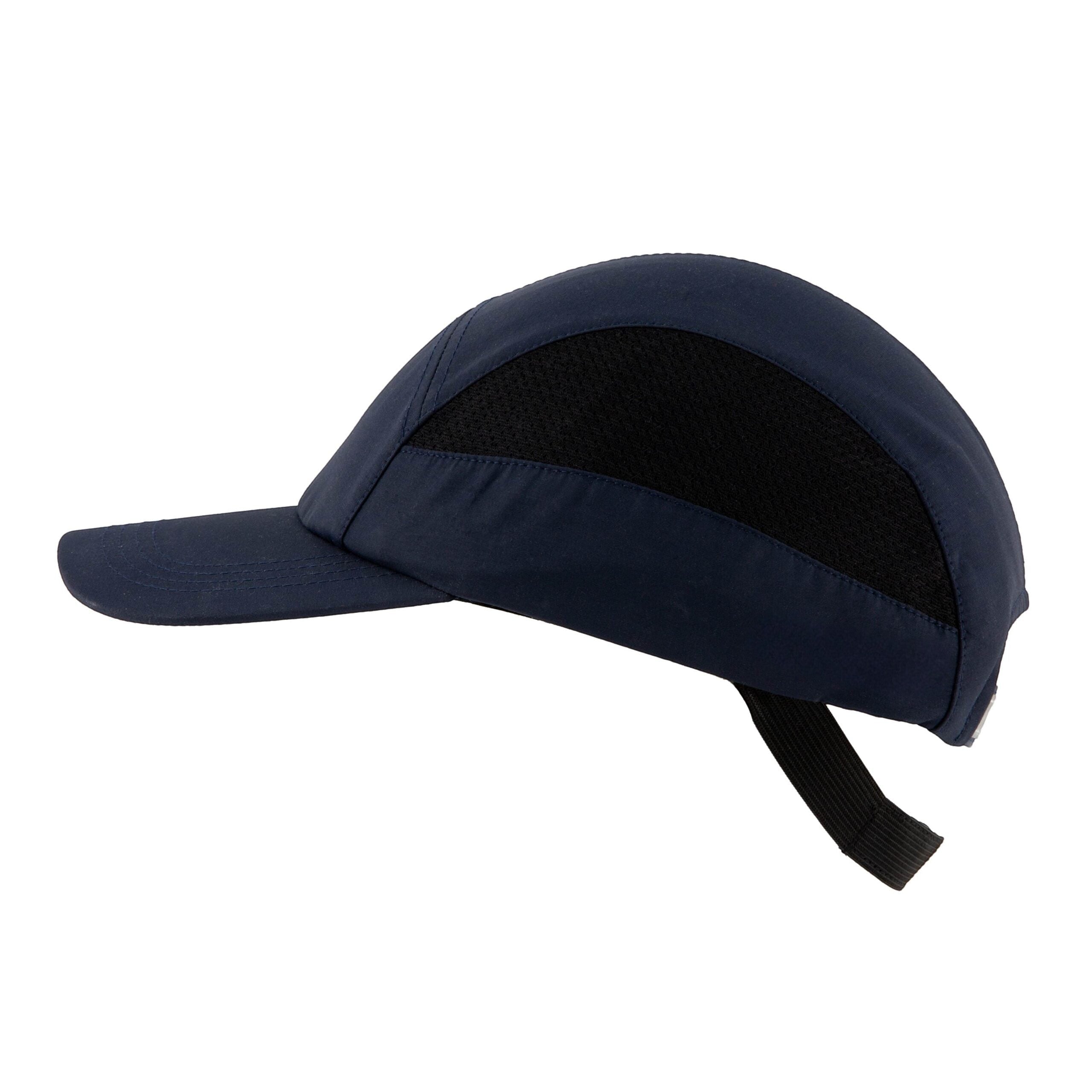 Gorra de seguridad GERF SAFETY azul marino con visera de 7 cm, carcasa ABS extraíble y paneles de malla transpirable.