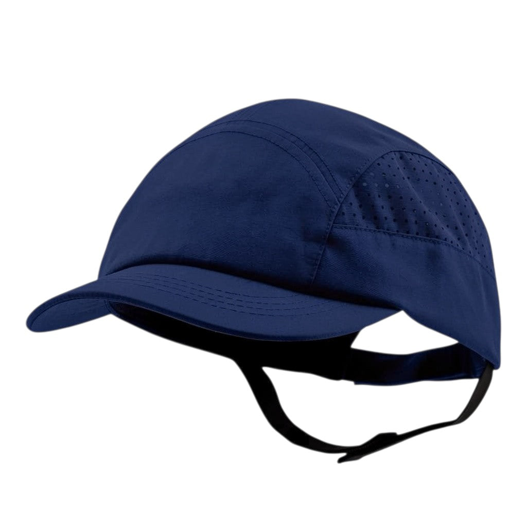Gorra de seguridad GERF SAFETY azul de poliéster reciclado con carcasa extraíble y visera de 5 cm para protección.