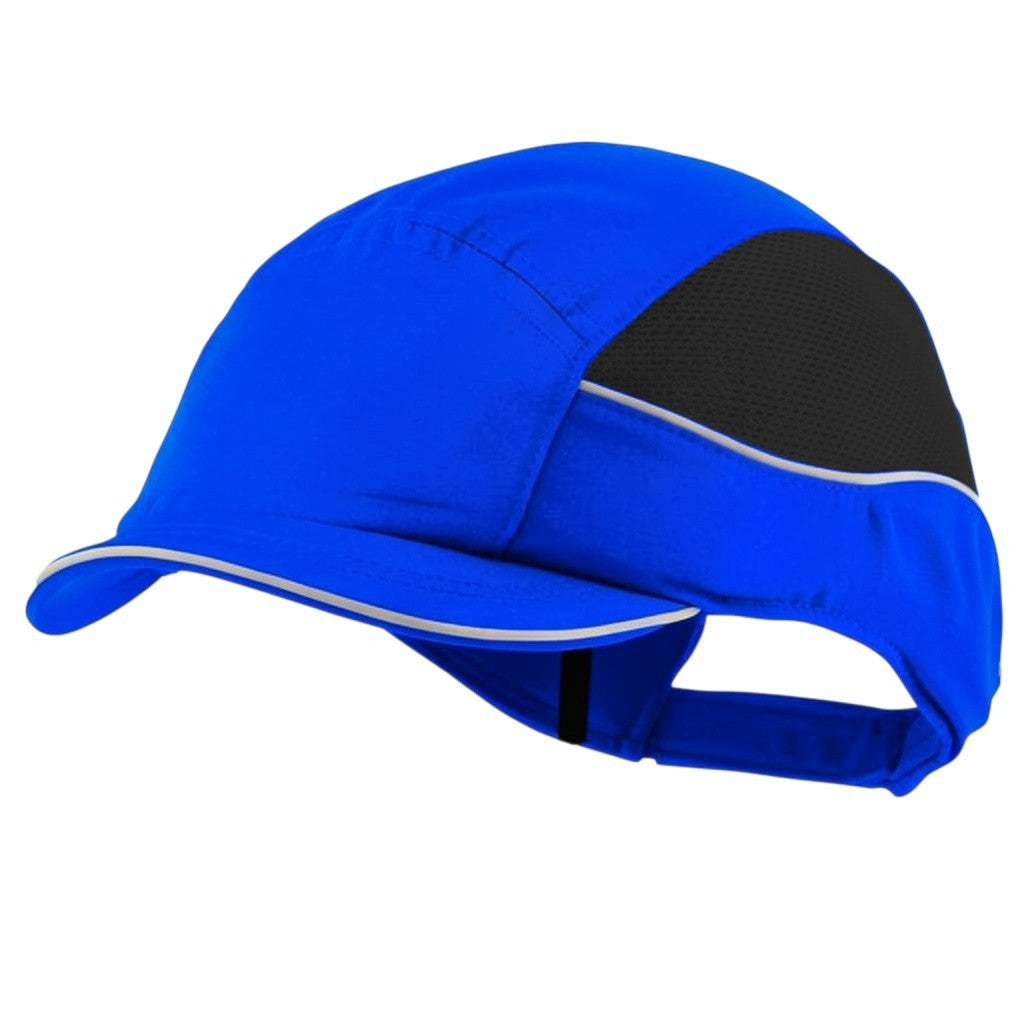 Gorra de seguridad GERF SAFETY Bump Cap Air+ azul con visera corta, bandas reflectantes y paneles de malla transpirable.