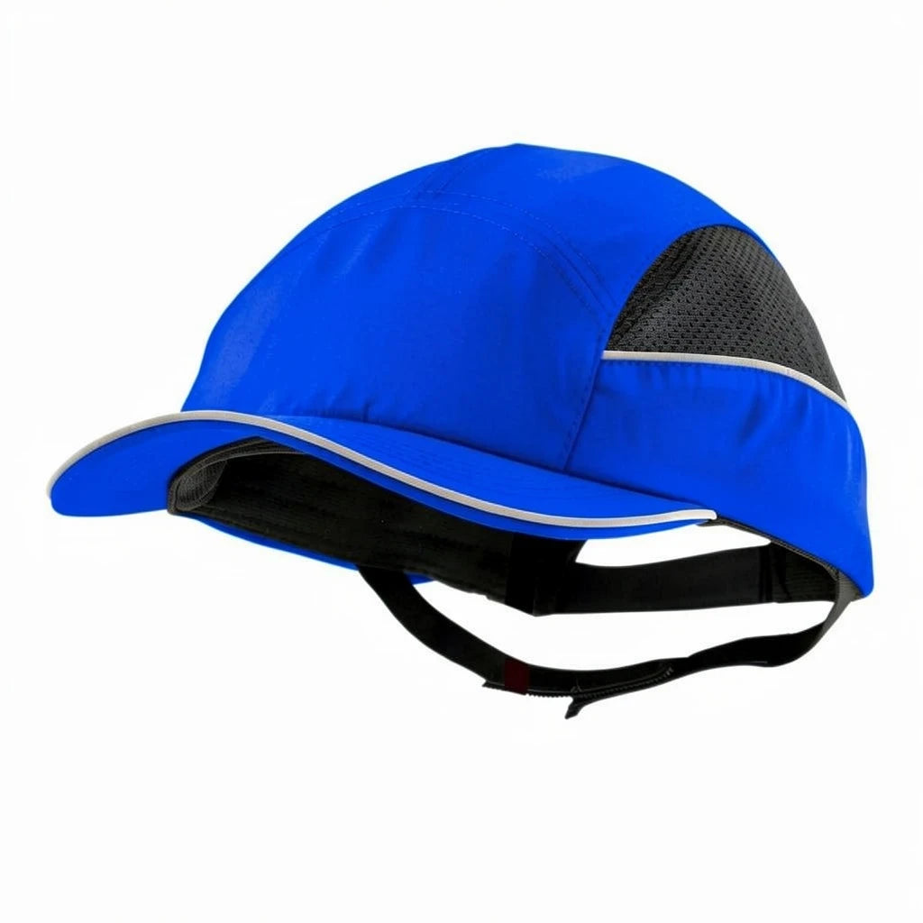 Gorra de seguridad GERF SAFETY azul con carcasa extraíble, bandas reflectantes y ventilación lateral para trabajo industrial