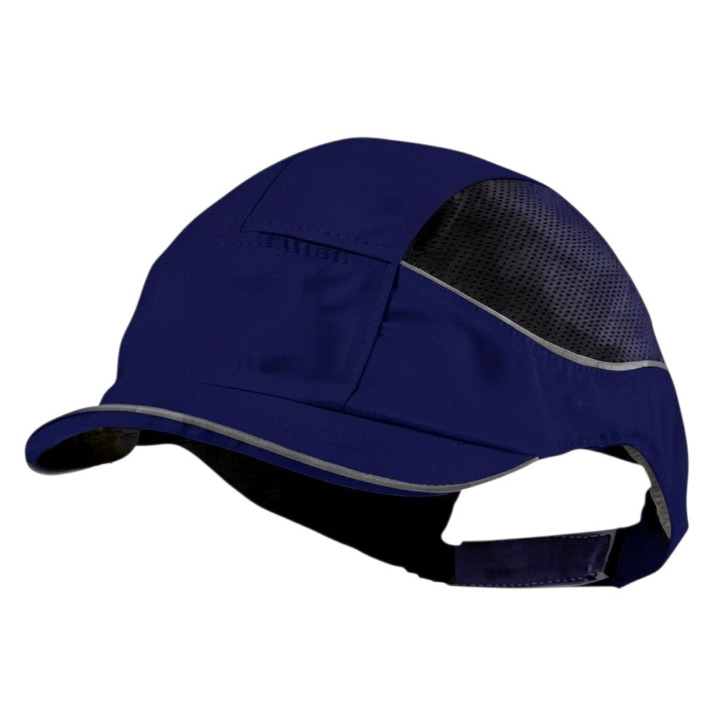 Gorra de seguridad GERF SAFETY Bump Cap Air+ azul con visera corta, ventilación lateral y bandas reflectantes.