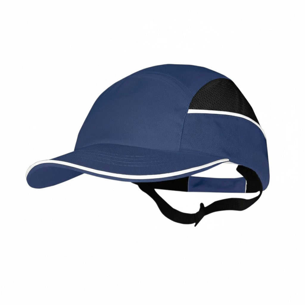 Gorra de seguridad GERF SAFETY azul con carcasa protectora, visera de 5 cm y detalles reflectantes para alta visibilidad