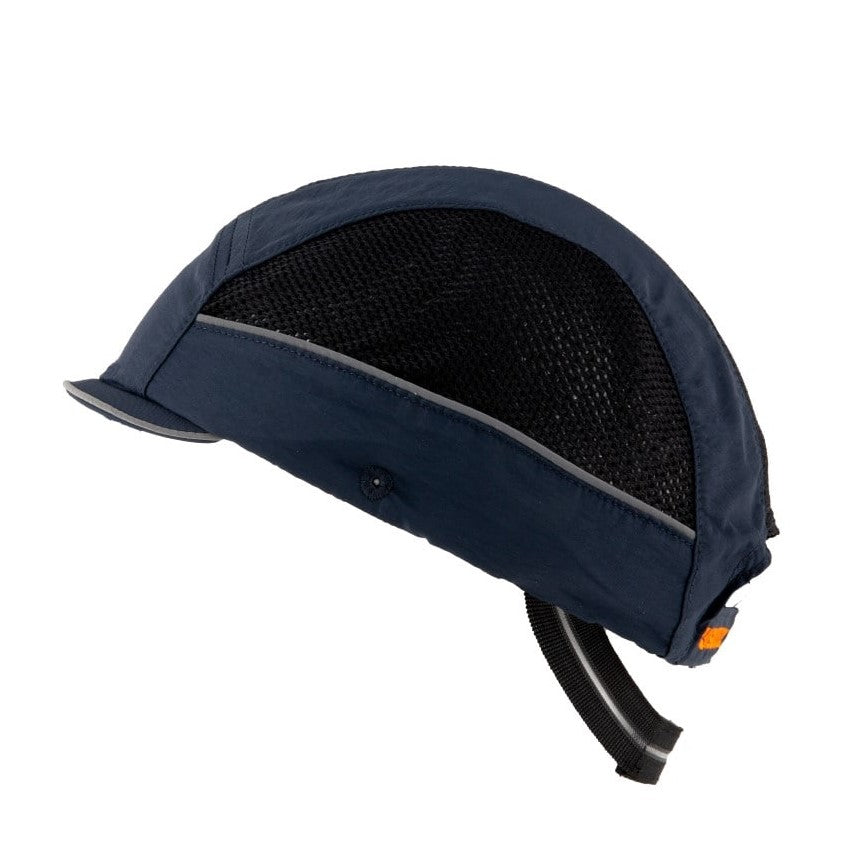 Gorra de seguridad GERF SAFETY azul marino con visera corta, bandas reflectantes y malla de hiperventilación lateral.