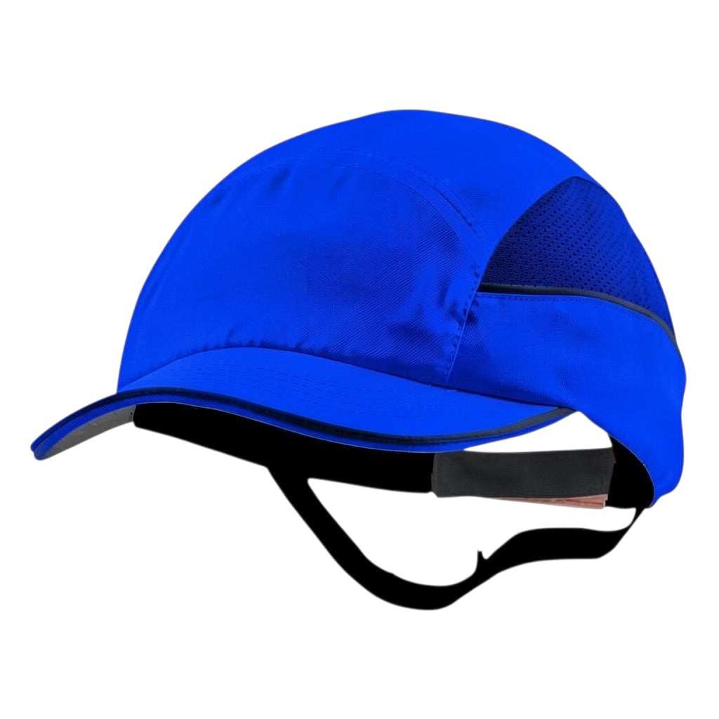 Gorra de seguridad GERF SAFETY azul con carcasa protectora, visera, bandas reflectantes y ventilación lateral.