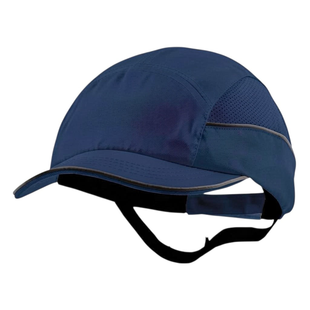 Gorra de seguridad GERF SAFETY azul con carcasa protectora, visera de 5 cm, bandas reflectantes y ventilación lateral.