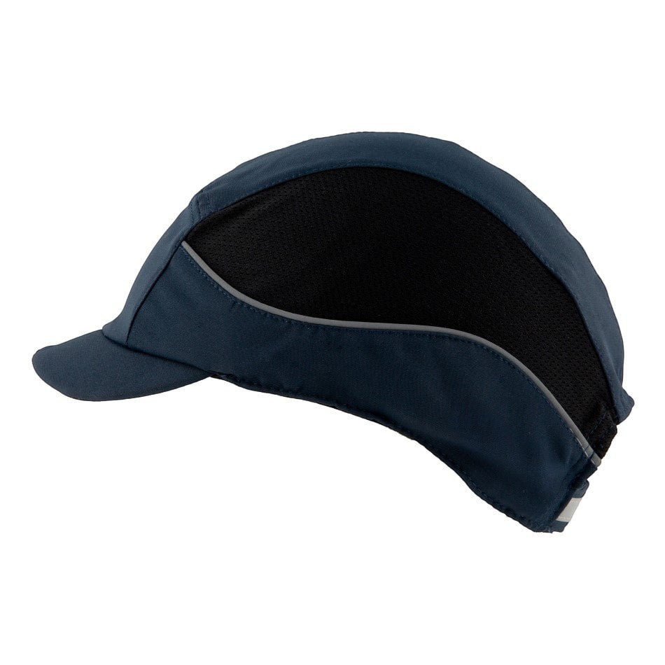 Gorra de seguridad GERF SAFETY azul marino con visera corta, bandas reflectantes y paneles de ventilación laterales.