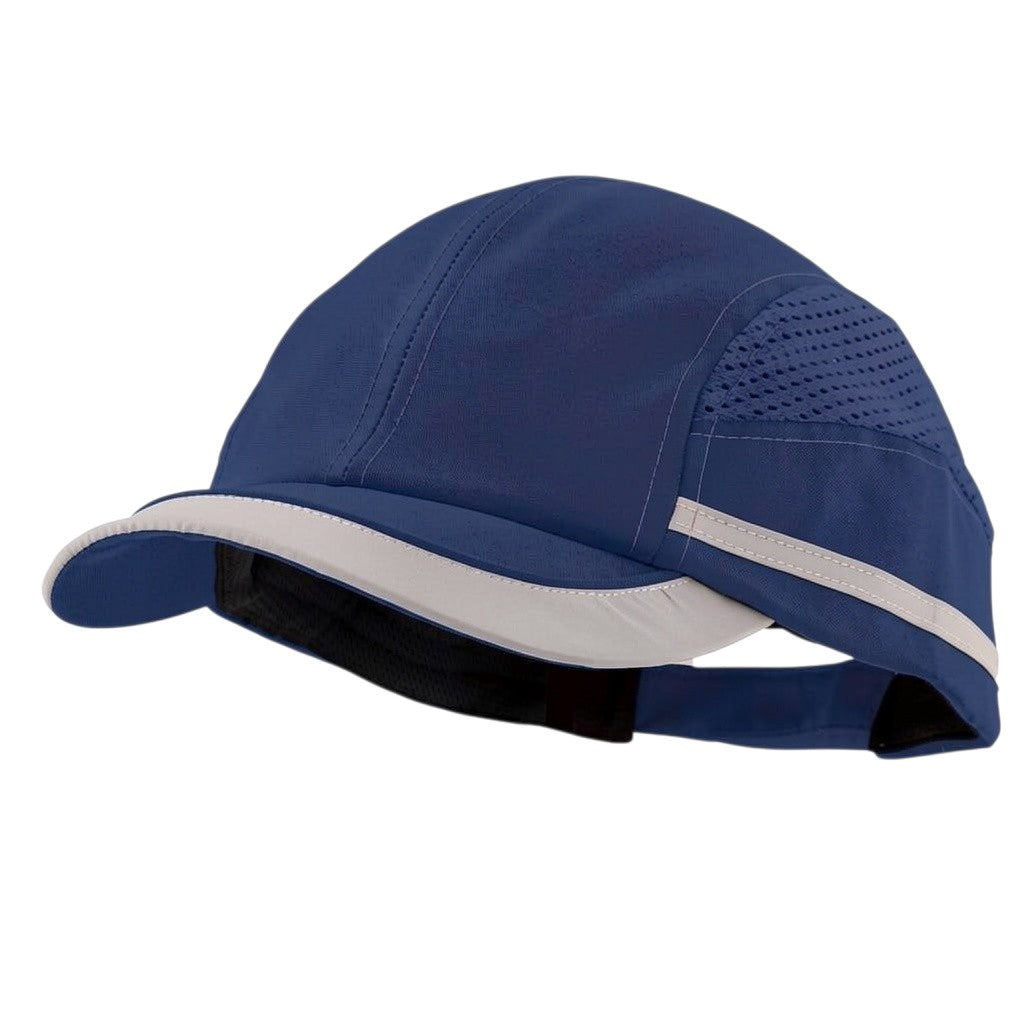 Gorra de seguridad GERF SAFETY azul con carcasa protectora, visera de 5 cm, bandas reflectantes y paneles de ventilación.