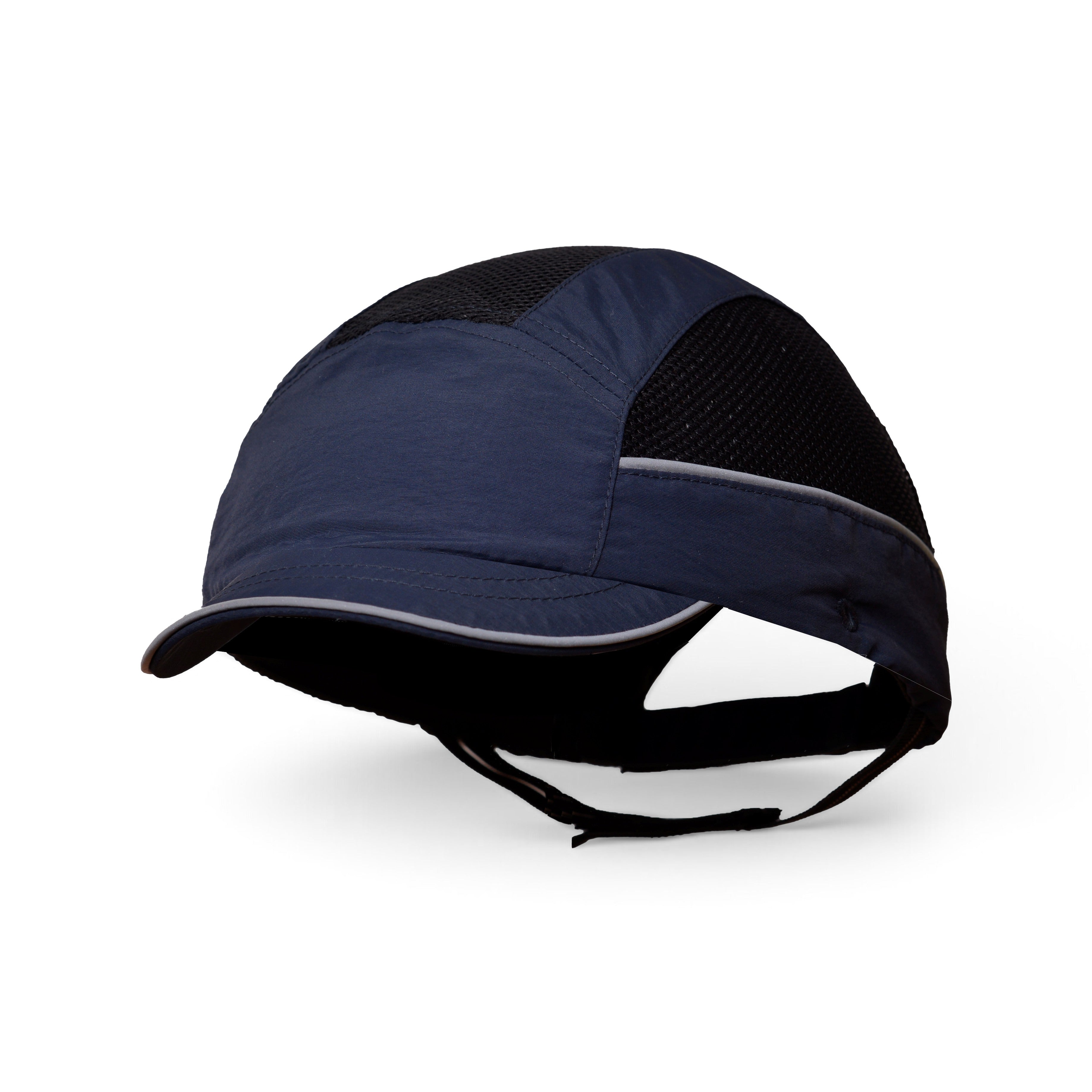 Gorra de seguridad GERF SAFETY azul marino con ventilación, visera de 3 cm y bandas reflectantes para alta visibilidad.
