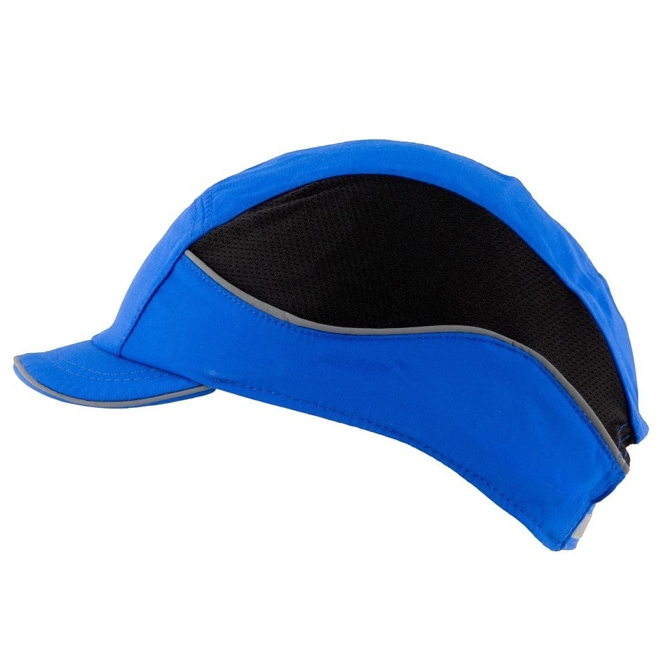 Gorra de seguridad GERF SAFETY Bump Cap Air+ azul con visera corta, paneles de ventilación y bandas reflectantes.