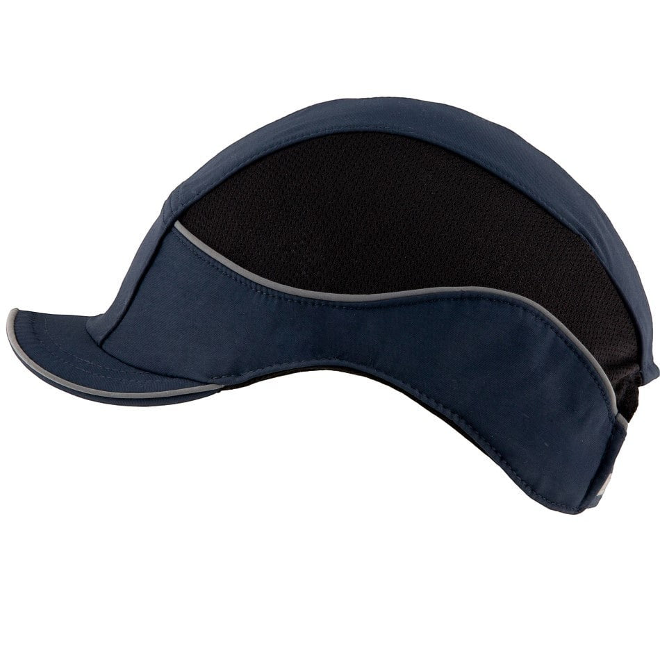 Gorra de seguridad GERF SAFETY Bump Cap Air+ azul marino con visera corta, paneles de ventilación y bandas reflectantes.