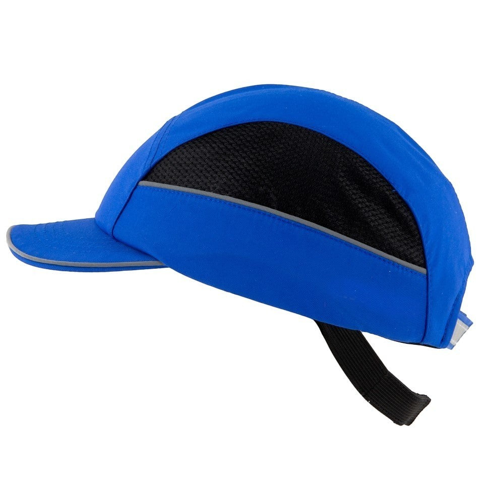 Gorra de seguridad GERF SAFETY azul real con visera de 5 cm, ventilación lateral y detalles retrorreflectantes.