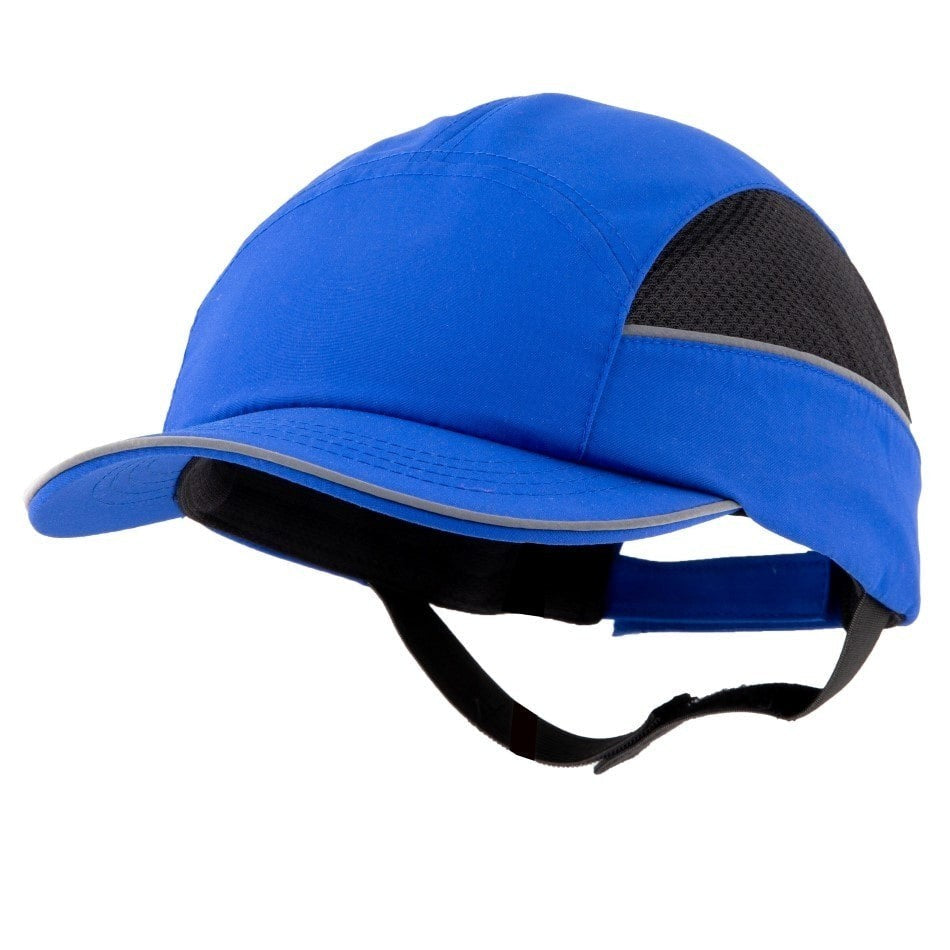 Gorra de seguridad GERF SAFETY azul con carcasa protectora, visera de 5 cm y bandas reflectantes para alta visibilidad.