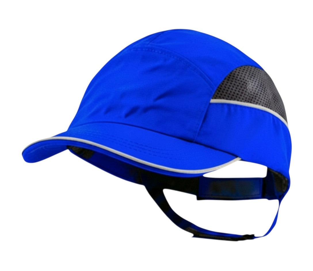 Gorra de seguridad GERF SAFETY azul con carcasa extraíble, visera de 5 cm y bandas reflectantes para alta visibilidad.